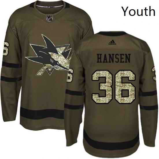 Youth Adidas San Jose Sharks 36 Jannik Hansen Authentic Green Salute to Service NHL Jersey